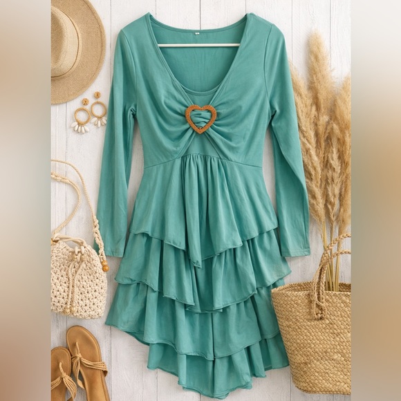 y2k Dresses & Skirts - Y2K Boho Heart Buckle Ruffle Tiered Mini Dress Teal Long Sleeve Large
